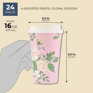 24 Pack Vintage Floral Paper Insulated Coffee Cups with Lids, 4 Designs, 16 Ounces