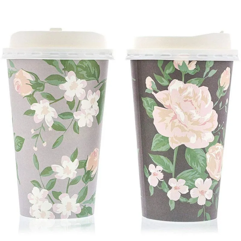 24 Pack Vintage Floral Paper Insulated Coffee Cups with Lids, 4 Designs, 16 Ounces