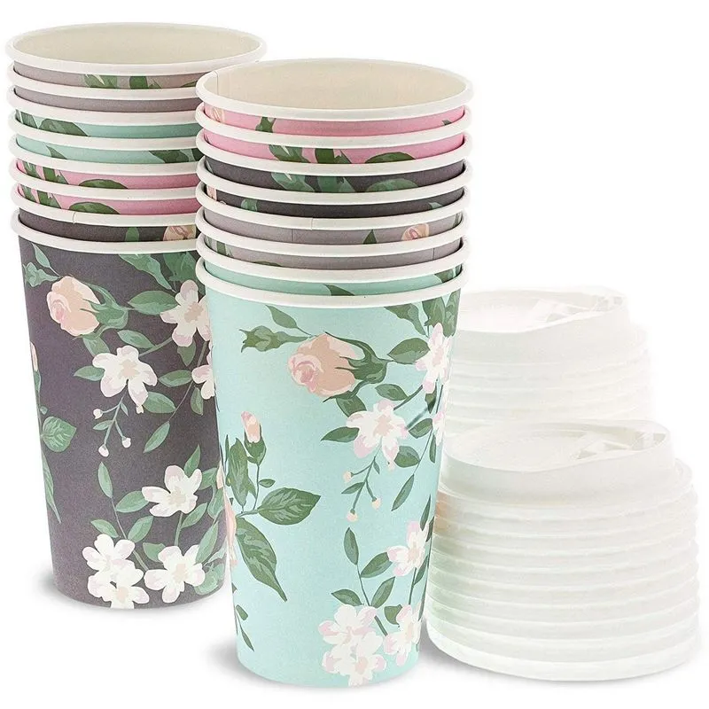 24 Pack Vintage Floral Paper Insulated Coffee Cups with Lids, 4 Designs, 16 Ounces