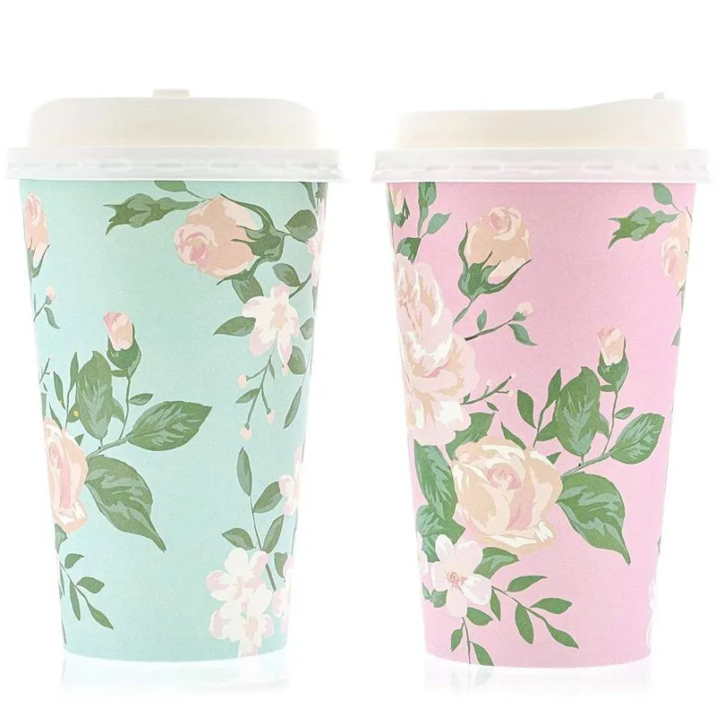 48 Pack Vintage Floral Paper Insulated Coffee Cups with Lids, 4 Designs, 16 Ounces