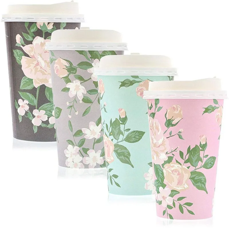48 Pack Vintage Floral Paper Insulated Coffee Cups with Lids, 4 Designs, 16 Ounces