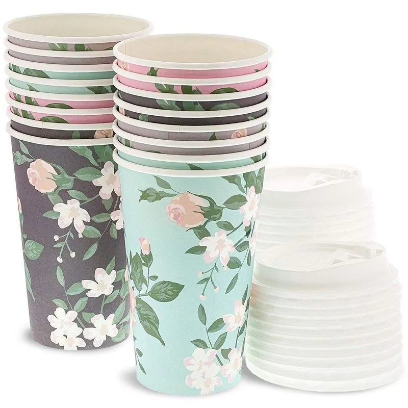 48 Pack Vintage Floral Paper Insulated Coffee Cups with Lids, 4 Designs, 16 Ounces