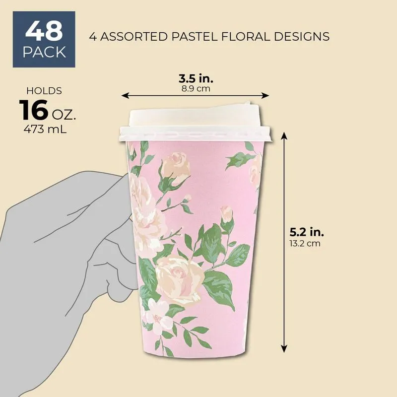 48 Pack Vintage Floral Paper Insulated Coffee Cups with Lids, 4 Designs, 16 Ounces