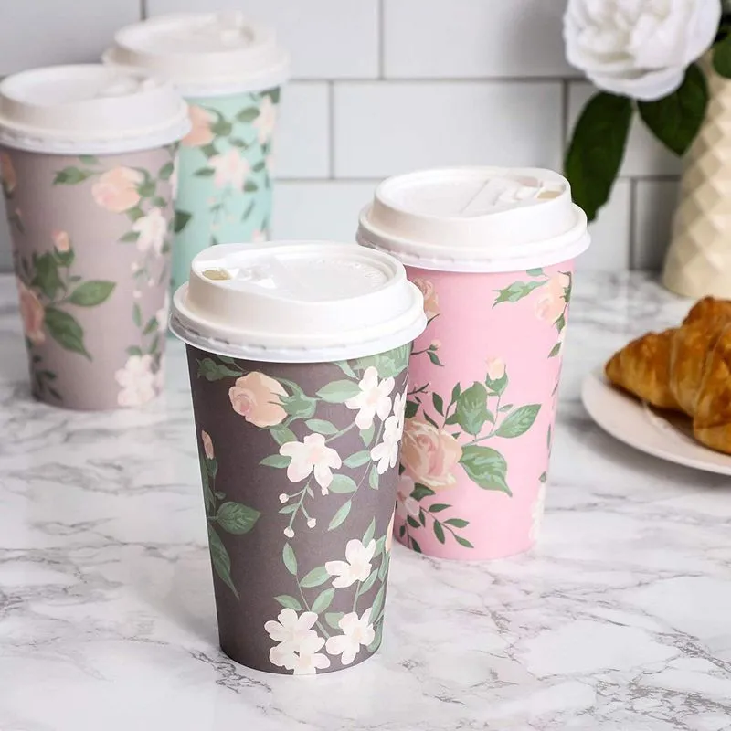 48 Pack Vintage Floral Paper Insulated Coffee Cups with Lids, 4 Designs, 16 Ounces
