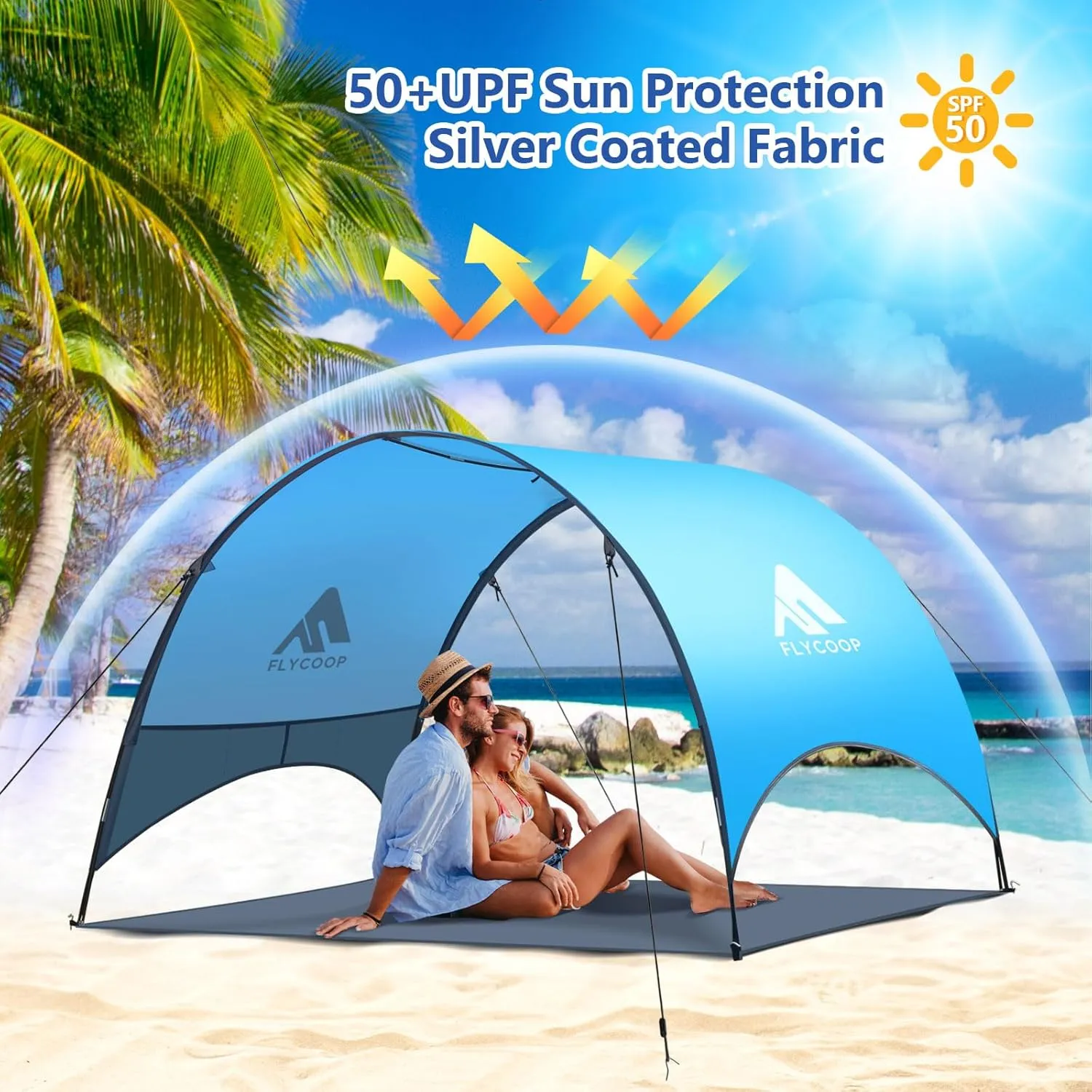 Beach Tent - Beach Shade Canopy Compact Fold (16.9x3.9), Own Patent, 360 Ventilation, Large Side Storage Pocket, UV Protection Portable Sun Shelter for Beach (Blue, 90.5 * 59 * 53)