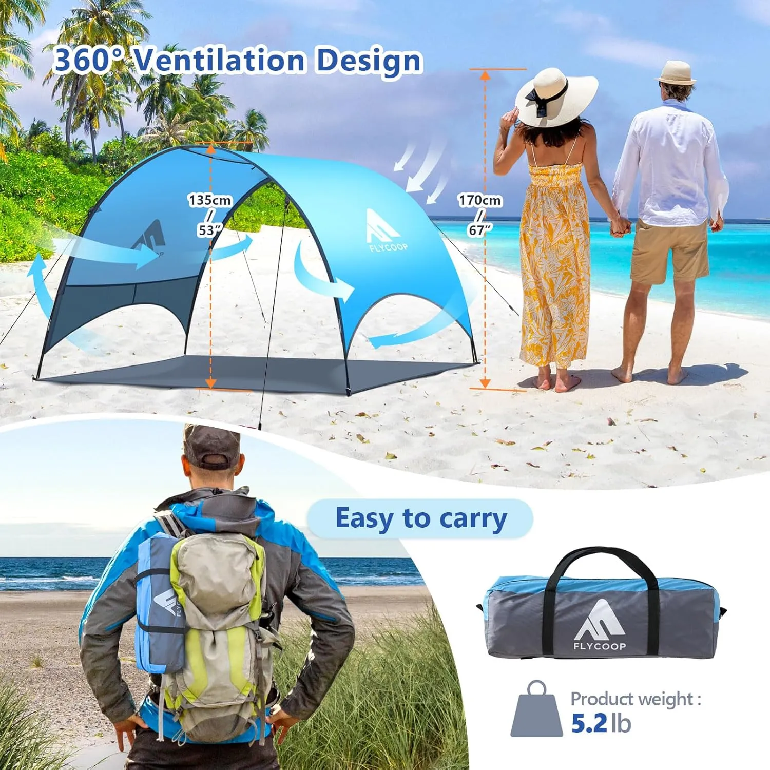 Beach Tent - Beach Shade Canopy Compact Fold (16.9x3.9), Own Patent, 360 Ventilation, Large Side Storage Pocket, UV Protection Portable Sun Shelter for Beach (Blue, 90.5 * 59 * 53)