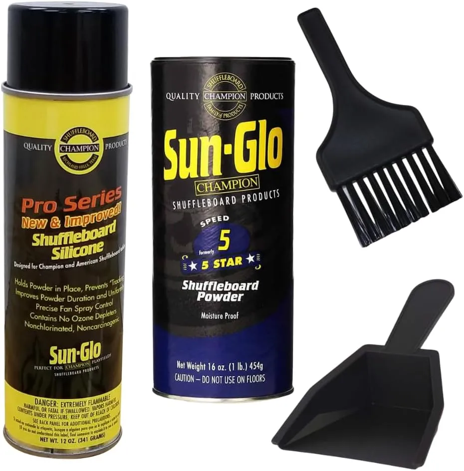 Complete Shuffleboard Care Kit: Sun-Glo #5 Star Powder (Med Speed), Pro Series Silicone Spray & Mini Dustpan/Brush Set