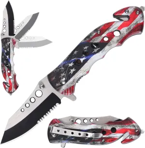 edcfans Pocket knife for Men Women, 8" Tactical Folding Knife with USA Flag, Small EDC Knives with Belt Clip, 4 In 1 Multitool Camping Knife with Liner Lock, Serrate, Glass Breaker, Seatbelt Cutter