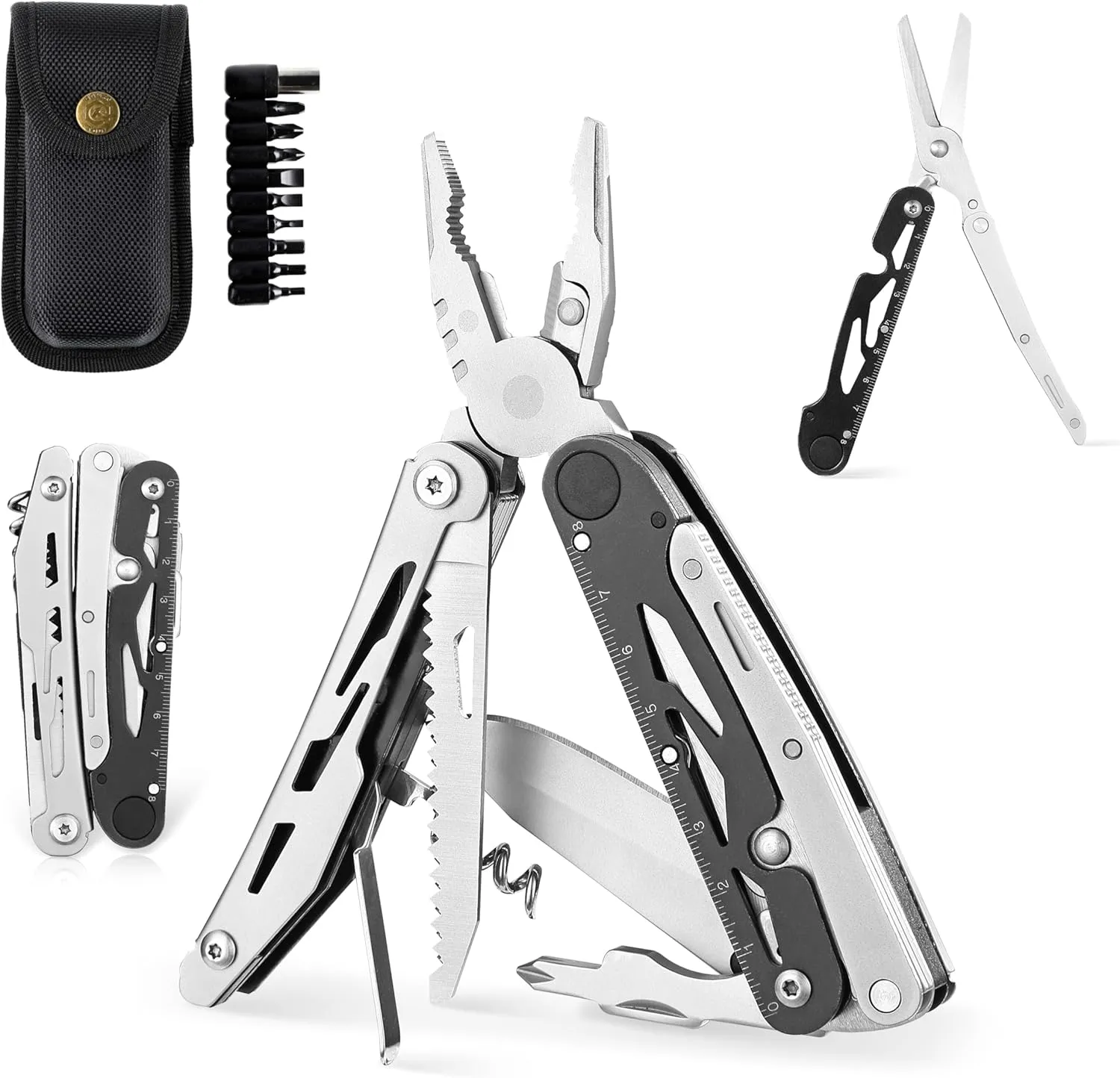 Ganzo G304 Full-sized Multitool, 21-in-1 Stainless Steel Pocket Knife with Screwdriver, Pliers with Sheath, Perfect for Outdoor, Survival, Camping, Hiking, Repair, EDC, Silver-black