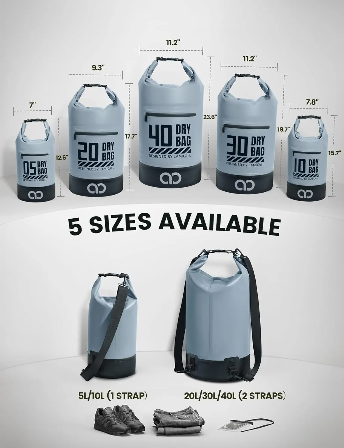 Lamicall Dry Bag Waterproof Backpack - [Zippered Pocket] 5L/10L/20L/30L/40L Roll Top Waterproof Bag with Water Proof Phone Case, Floatable Drybag for Swimming, Boating, Kayaking, Camping, Beach