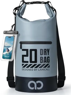Lamicall Dry Bag Waterproof Backpack - [Zippered Pocket] 5L/10L/20L/30L/40L Roll Top Waterproof Bag with Water Proof Phone Case, Floatable Drybag for Swimming, Boating, Kayaking, Camping, Beach