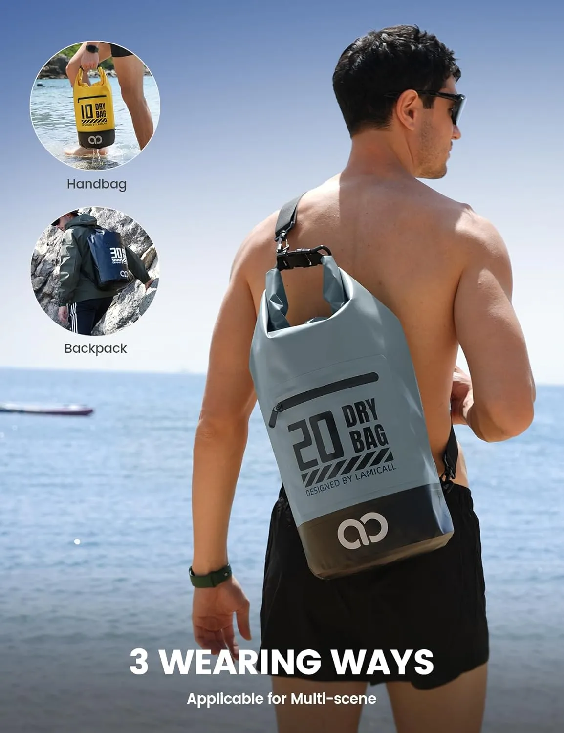 Lamicall Dry Bag Waterproof Backpack - [Zippered Pocket] 5L/10L/20L/30L/40L Roll Top Waterproof Bag with Water Proof Phone Case, Floatable Drybag for Swimming, Boating, Kayaking, Camping, Beach