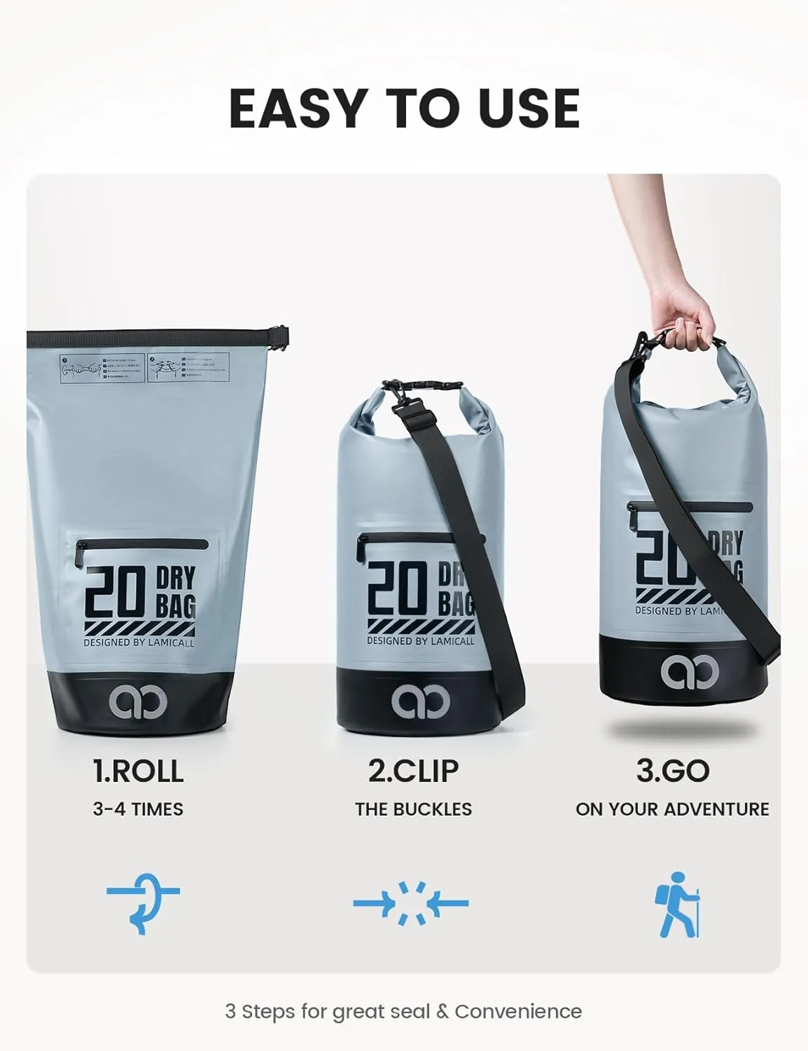 Lamicall Dry Bag Waterproof Backpack - [Zippered Pocket] 5L/10L/20L/30L/40L Roll Top Waterproof Bag with Water Proof Phone Case, Floatable Drybag for Swimming, Boating, Kayaking, Camping, Beach