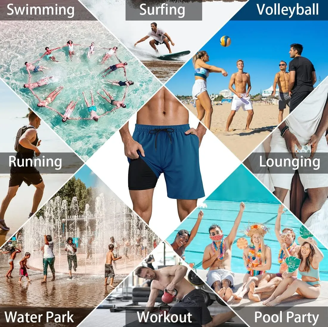 LUCOWEE Mens Swim Trunks Comfortable Compression Liner Swim Shorts Zipper Pockets Quick Dry 7" Inseam Bathing Suit Swimsuits