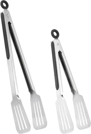 Metal Tongs for Cooking, Set of 2 Stainless Steel Spatula Tongs for Grilling, Cooking and Flipping, Strong Grip for Ribs, Steak and Fish, Comfortable Grip, Easy Pull Lock, 9 inch & 12 inch