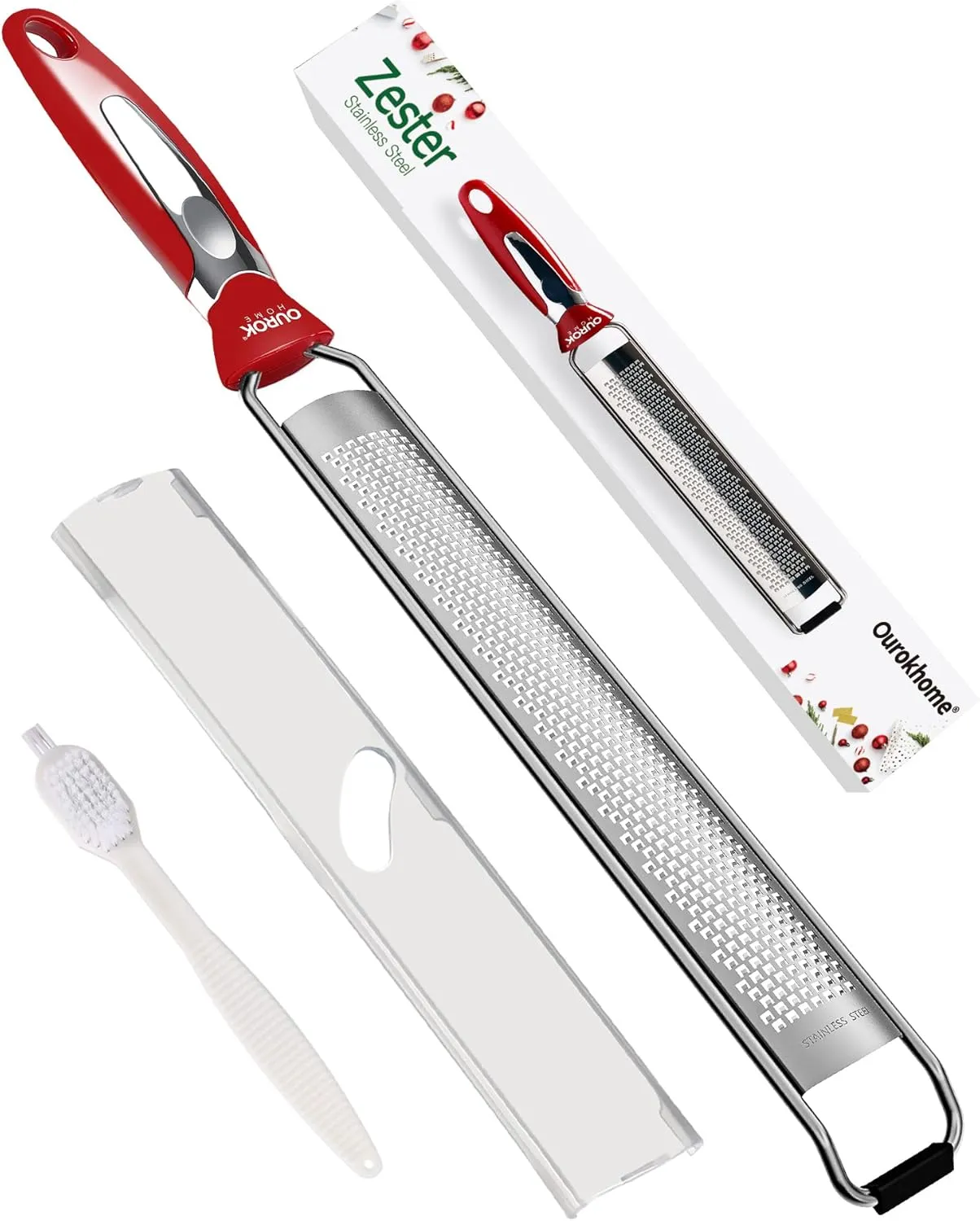 Ourokhome Kitchen Lemon Zester, Stainless Steel Hand Held Parmesan Cheese Grater for Ginger, Chocolate, Coconut, Lime, Nutmeg, Citrus, Fruit, Vegetable with Cleaning Brush, Dishwasher safe, Red