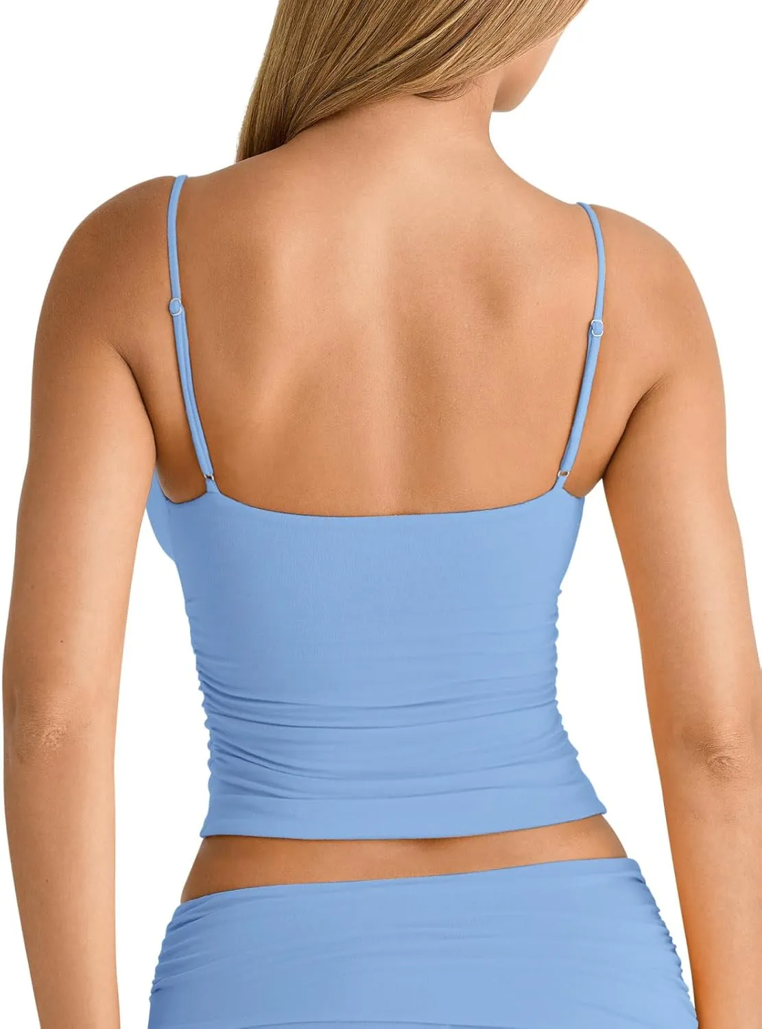 PINKMSTYLE Women's Sexy V Neck Ruched Cami Top Sleeveless Spaghetti Double Layer Fitted Crop Tank Tops