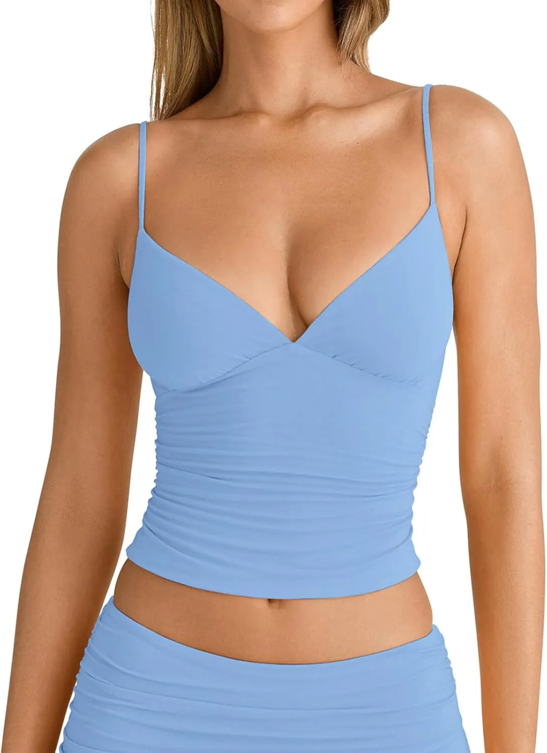 PINKMSTYLE Women's Sexy V Neck Ruched Cami Top Sleeveless Spaghetti Double Layer Fitted Crop Tank Tops