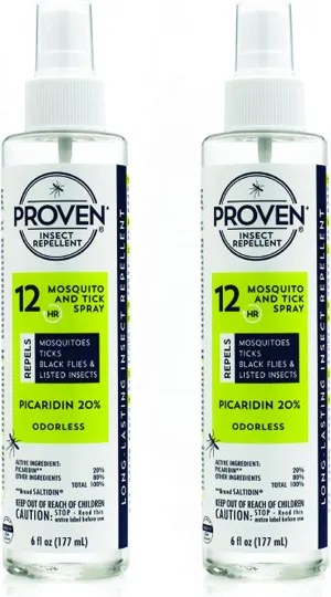 Proven Insect Repellent Spray, Keep Mosquitoes, Ticks and Flies Off, DEET Alternative Repellent, Up to 12-Hour Protection, Great for Camping or Hiking, 6 oz, Odorless Spray, 2 Pack