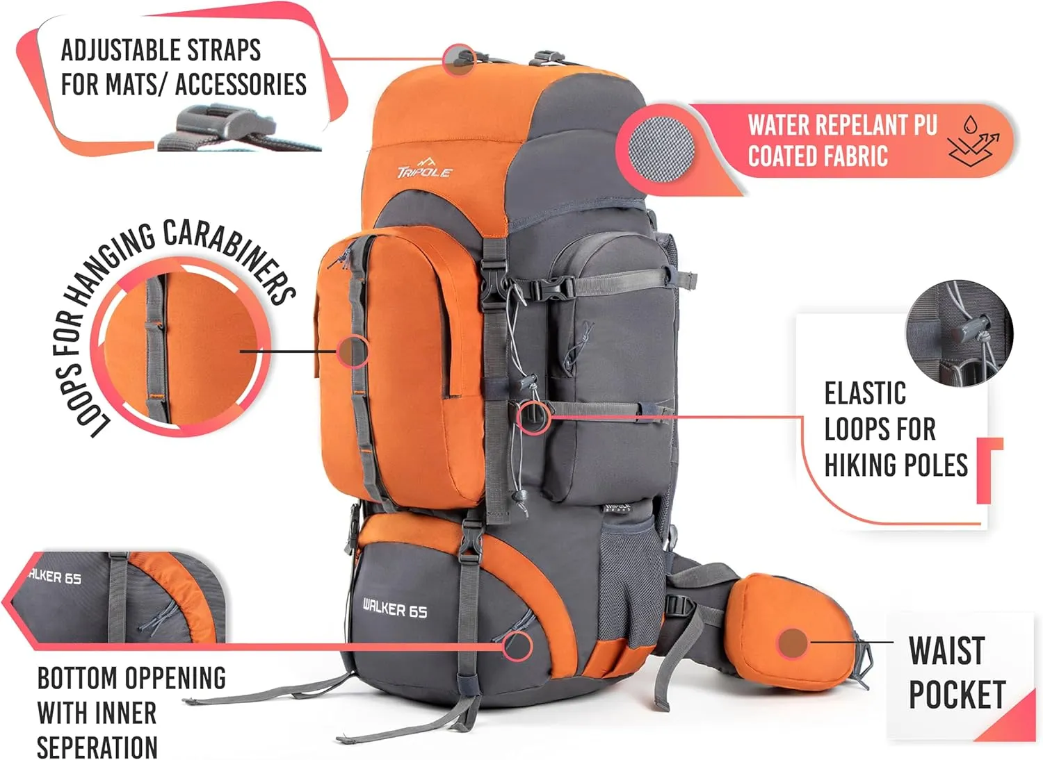 Walker 65 Litre Internal Frame Rucksack with 20 Litre Foldable Pack